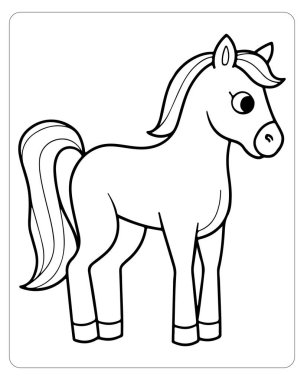 Bir çizgi film atı profilde duruyor, siyah beyaz olarak özetlenmiş, boyamaya hazır..