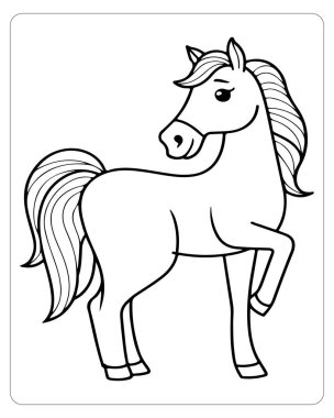 Siyah-beyaz çizgi film at çizimi, çocuk boyama sayfaları ve eğitim kaynakları için mükemmel..