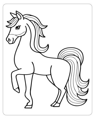 Akan yelesi ve kuyruğu olan bir atın siyah beyaz çizimi..