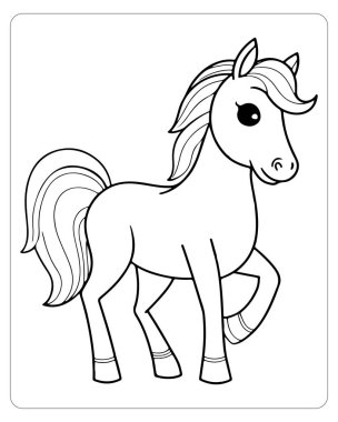 Çizgi film atının renge hazır basit bir siyah beyaz çizimi..