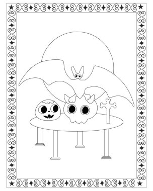 Siyah ve beyaz bir Cadılar Bayramı temalı bir boyama sayfası. İçinde yarasa, kafatası ve masa üzerinde haç var..