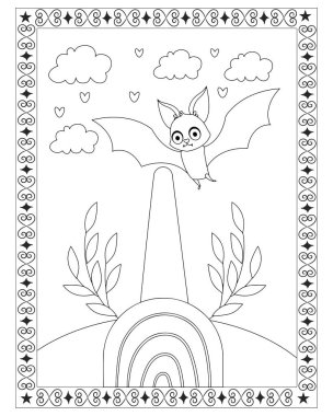 Şirin bir yarasa, gökkuşağı, bulutlar, kalpler ve dekoratif bir kenar içeren kaprisli bir boyama sayfası..