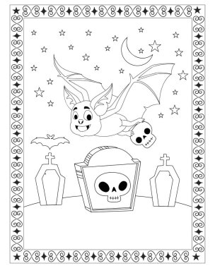 Bir karikatür yarasası, yıldızlı bir Cadılar Bayramı gökyüzünün altında kafatası tasarımlarıyla mezar taşlarının üzerinden uçar..