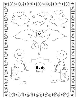 Bir yarasa, kafatası, mumlar, çiçekler ve yıldız ve bulutlarla dekoratif bir sınırın yer aldığı Cadılar Bayramı temalı bir renk sayfası..