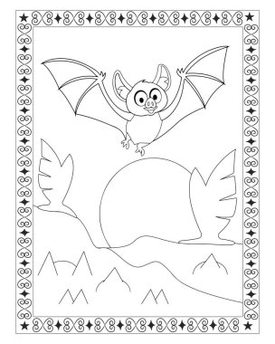 Çizgi film yarasası uzanmış kanatlarıyla tepelerin üzerinden uçar, dekoratif bir kenarla çerçevelenmiş, boyamaya hazır..