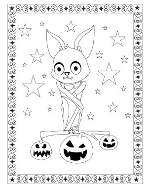 Çizgi film yarasası, arka planda yıldızlar olan balkabaklarının üzerinde duruyor..