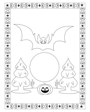 Bir yarasa, balkabağı, ağaçlar ve dekoratif kenarlı siyah beyaz bir Cadılar Bayramı boyama sayfası..