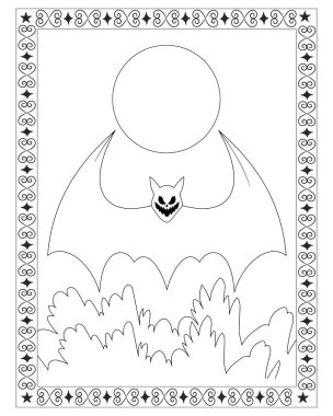 Bir yarasa, ay, çalılık ve dekoratif kenar içeren Cadılar Bayramı temalı bir boyama sayfası..