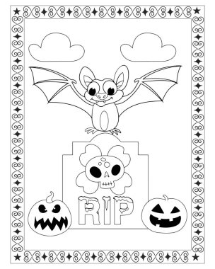 Bir yarasa, balkabağı, mezar taşı ve dekoratif kenarlı siyah beyaz Cadılar Bayramı boyama sayfası.