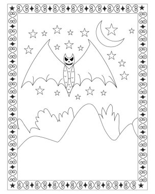 Bir yarasa, yıldız, ay, dağ ve dekoratif kenarlı siyah beyaz bir Cadılar Bayramı boyama sayfası..