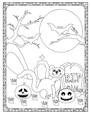 İçinde kedi, balkabağı, yarasa, mezar taşı ve dekoratif bir sınır bulunan bir Cadılar Bayramı boyama sayfası..