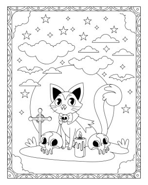 Vampir bir kedi, kafatası, mum ve ürkütücü arka plan elementlerinin yer aldığı siyah beyaz bir Cadılar Bayramı renklendirme sayfası..