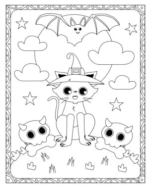 Cadılar Bayramı boyama sayfasında cadı şapkası, yarasa, kafatası ve yıldızlı bir kedi var..