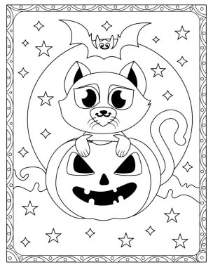 Sevimli bir çizgi film kedisi yukarıda bir sopayla bir fenerin üzerinde oturur..