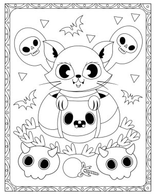 Şirin bir kedi, kafatasları, yarasalar ve şeker içeren siyah beyaz bir Cadılar Bayramı boyama sayfası..