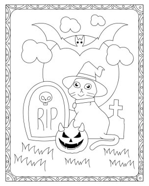 Cadılar Bayramı temalı bir renk sayfası. Cadı kedi, yarasa, balkabağı ve mezar taşını dekoratif bir çerçevede barındırıyor..