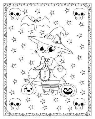 Kedi cadı, yarasa, kafatası, balkabağı ve yıldızlı Cadılar Bayramı temalı bir boyama sayfası..
