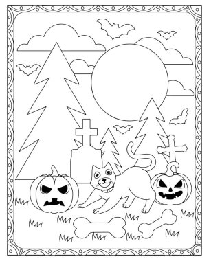 Bir kedi, balkabağı, yarasa, ağaç ve mezar taşlarının yer aldığı Cadılar Bayramı temalı bir renk sayfası..