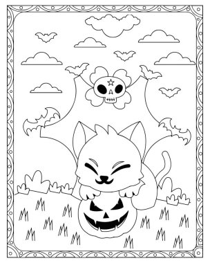 Bir kedi, balkabağı, yarasa, kafatası ve bulutların yer aldığı siyah ve beyaz bir Cadılar Bayramı boyama sayfası.