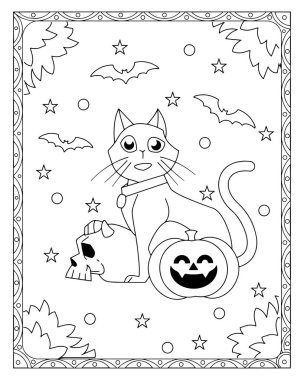 Bir kedi, balkabağı, kafatası, yarasalar, yıldızlar ve dekoratif kenarlı siyah beyaz Cadılar Bayramı boyama sayfası.