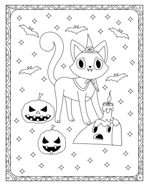 Bir kedi, balkabağı, yarasa, mum ve yıldız şekilli Cadılar Bayramı temalı bir renk sayfası..
