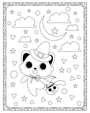 Cadılar Bayramı temalı bir boyama sayfası. Cadı şapkalı bir ayı ve balkabağı..