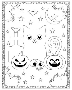 Bir kedi, balkabağı, kafatası, mezar taşı, yarasalar, yıldızlar, ay ve dekoratif kenarlı Cadılar Bayramı temalı bir renk sayfası.