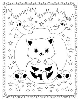 İçinde kedi, balkabağı, hayalet ve kafatasları olan siyah beyaz bir Cadılar Bayramı boyama sayfası..