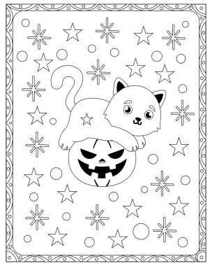 Yıldızlarla dolu bir cadılar bayramı sahnesinde şirin bir çizgi film kedisi bir fenerin üzerinde oturur..