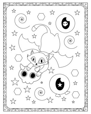 Kafatasında yarasa kanatları olan bir kedinin olduğu Cadılar Bayramı temalı bir boyama sayfası.