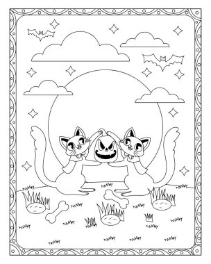 Cadılar Bayramı temalı bir boyama sayfasında iki kedi ay ışığında yarasalarla balkabağı tutuyor..