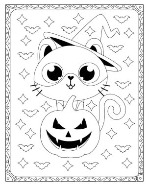 Cadı şapkası takan sevimli bir çizgi film kedisi bir fenerin arkasında duruyor. Yıldızlar ve yarasalar etraflarını sardı..