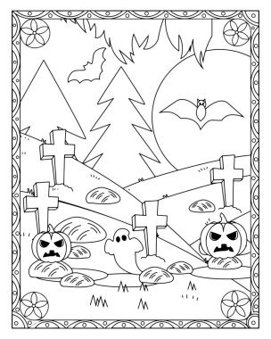 Balkabakları, hayaletler, yarasalar, mezar taşları ve siyah beyaz ürkütücü bir manzaranın yer aldığı bir Cadılar Bayramı renklendirme sayfası..