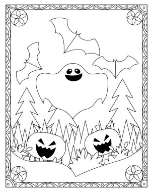 Cadılar Bayramı renklendirme sayfasında hayaletler, yarasalar, balkabakları ve orman ağaçları var..