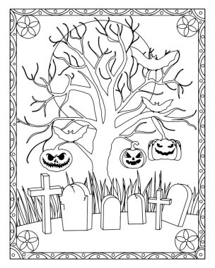 Cadılar Bayramı boyama sayfasında bir mezarlık, ağaç, balkabağı, yarasalar ve dekoratif çerçeve yer alıyor.
