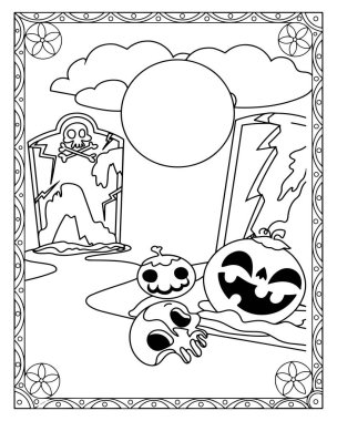 Mezar taşları, balkabakları, kafatası, ay ve dekoratif bir sınır içeren Cadılar Bayramı boyama sayfası..