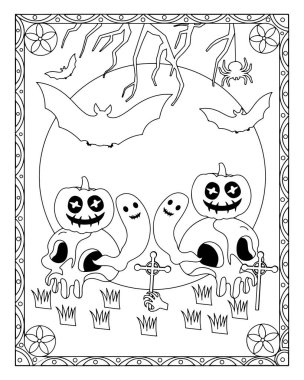 Cadılar Bayramı renklendirme sayfasında kabaklar, kafatasları, hayaletler, yarasalar, bir örümcek ve ürkütücü ağaç dalları yer alıyor..