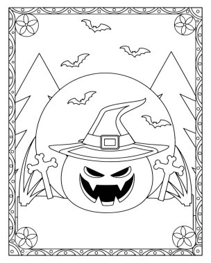 Cadılar Bayramı boyama sayfasında cadı şapkalı ve yarasalı bir balkabağı var..