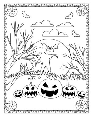 Cadılar Bayramı renklendirme sayfasında balkabakları, zombi silueti, yarasalar, dolunay ve çıplak ağaçlar vardır..