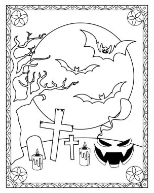 Cadılar Bayramı boyama sayfasında yarasalar, ay, mezarlık haçları, mumlar ve bir kriko fener var..
