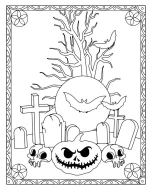Cadılar Bayramı temalı boyama sayfasında bir mezarlık, balkabağı, kafatasları, yarasalar ve çıplak bir ağaç var..
