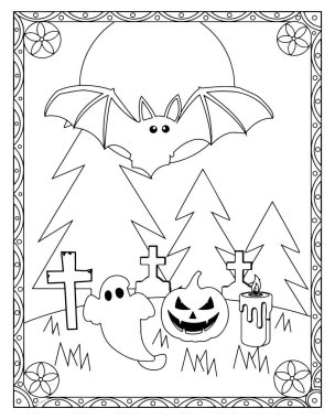 Cadılar Bayramı sahnesinde yarasa, hayalet, balkabağı, mum, ağaç ve mezar taşları var..