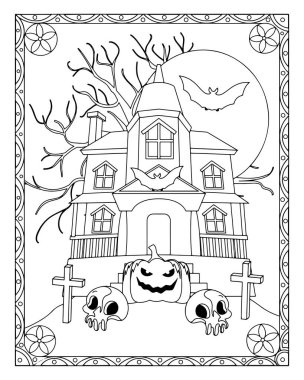 Cadılar Bayramı boyama sayfasında perili bir ev, balkabağı, kafatasları, yarasa ve dekoratif sınır var..
