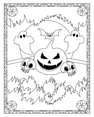 Cadılar Bayramı boyama sayfasında balkabağı, hayalet, yarasa, kafatası ve dekoratif çerçeve var..