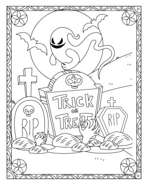 Cadılar Bayramı temalı boyama sayfasında bir hayalet, mezar taşları, zombi elleri ve yarasalar var..