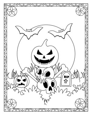 İçinde balkabakları, kafatasları, yarasalar, mezar taşı ve dekoratif bir sınır bulunan bir Cadılar Bayramı boyama sayfası..