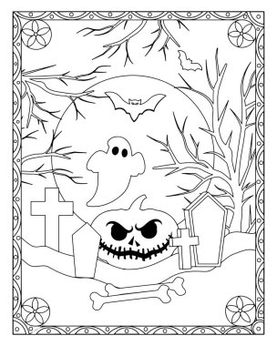 Cadılar Bayramı renklendirme sayfasında balkabağı, hayalet, yarasa ve mezar taşları dekoratif çerçevede..