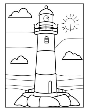 Sevimli bir deniz feneri olan çocuklar için boyama sayfası, deniz teması için mükemmel..