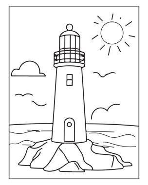 Deniz feneri boyama sayfası illüstrasyonunda güneşli bir okyanus manzarası var. Çocuklar için mükemmel..