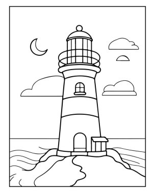 Deniz feneri boyama sayfası illüstrasyon okyanus sahnesi ay bulutları gecesi